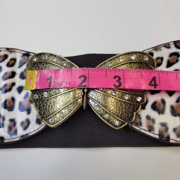 Butterfly Buckle Stretch Belt Animal Print Antique Gold Tone Buckle Brown Cream - Picture 8 of 16